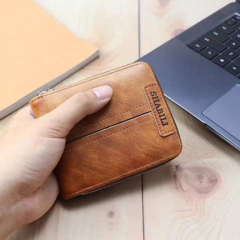 Portafoglio Corto Retro in Pelle PU da Uomo Bifold Chiusura Lampo Tasca Portamonete Casual Moda Business Portacarte