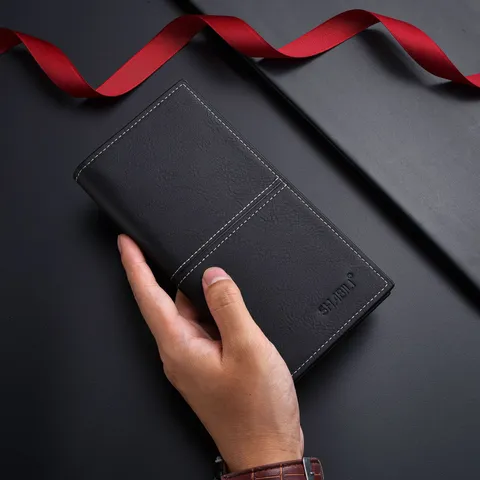 Portafoglio Lungo da Uomo Retrò in Pelle PU Porta Carte d'Affari Grande Capacità Multi-Slot Tasca con Cerniera Pochette