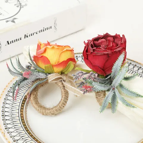 Vintage Artificial Rose Flower Napkin Rings Hemp Rope Fabric Napkin Holders Table Decor For Wedding Party Dining
