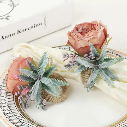 Vintage Artificial Rose Flower Napkin Rings Hemp Rope Fabric Napkin Holders Table Decor For Wedding Party Dining