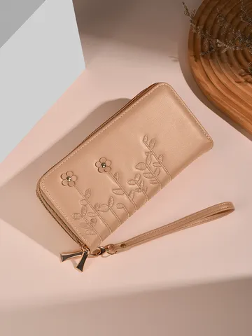 Portafoglio Lungo in Pelle PU da Donna Pochette con Doppia Cerniera Grande Capacità Porta Carte Portamonete con Ricamo Floreale