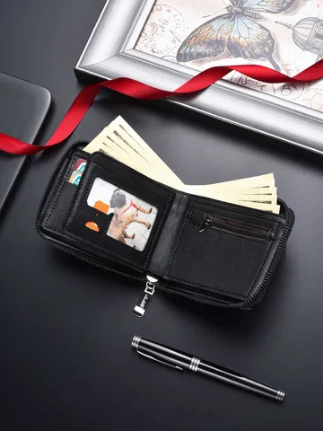 Portafoglio Corto da Uomo Affari Pendolare Tessuto Intrecciato Pelle PU Cerniera Pieghevole Scomparti Multipli per Carte Multifunzionale