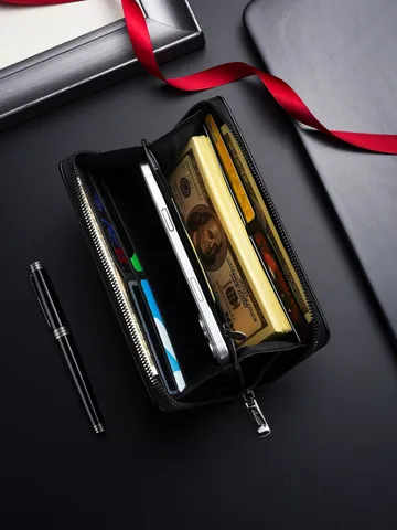Portafoglio Lungo da Uomo in Pelle PU Affari Vintage Grande Capacità Borsa con Cerniera Scomparti Multipli per Carte Cinturino da Polso Pochette