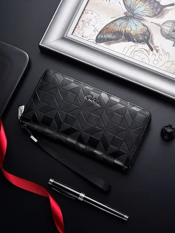Portafoglio Lungo Trapuntato da Uomo in Pelle PU Pieghevole con Zip Grande Capacità Pochette con Cinturino da Polso