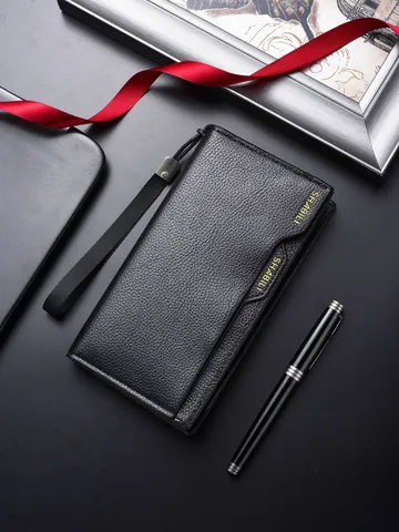 Portafoglio Lungo da Uomo d'Affari in Pelle PU Grande Capacità Multi-Schede Cerniera Borsa a Mano Cinturino da Polso Pochette Casual