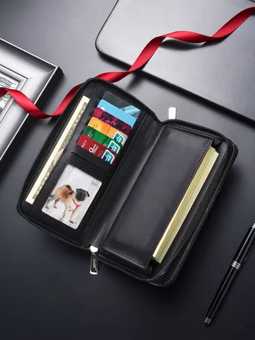 Portafoglio Lungo in Pelle PU di Grande Capacità da Uomo Pochette Business Casual Cerniera Cinturino da Polso