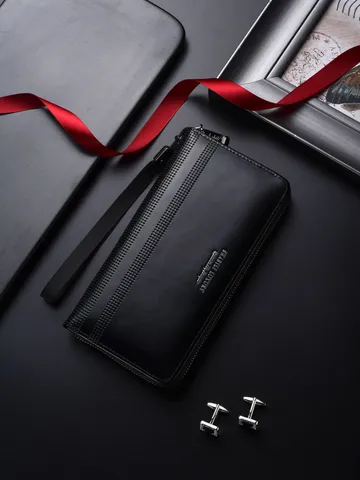 Portafoglio Lungo da Uomo in Pelle PU con Cerniera Pochette Grande Capacità Scomparti per Carte Borsellino Casual d'Affari