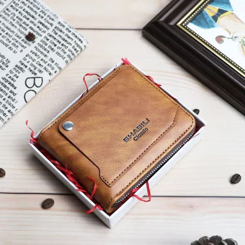 Portafoglio Corto in Pelle PU da Uomo Classico Casual Vintage Porta Carte Multifunzione Bifold Portafoglio con Tasca Portamonete con Zip