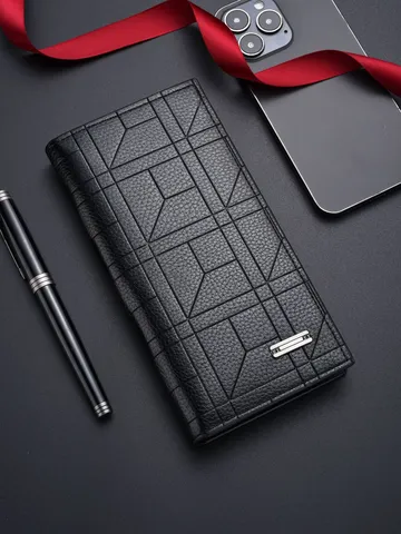 Portafoglio Lungo da Uomo in Pelle PU Affari Casual Multi-Card Grande Capacità Pochette Portamonete con Zip Tinta Unita Borsa Moda
