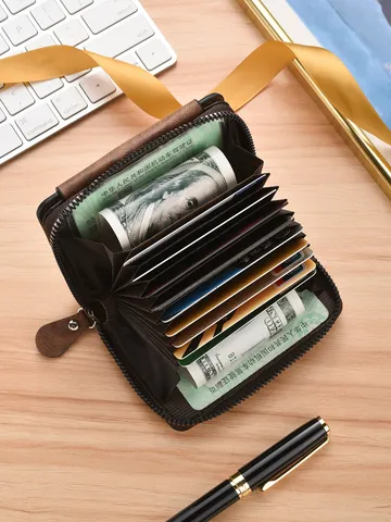 Porta Carte in Pelle PU da Uomo Vintage Tinta Unita Astuccio per Carte a Fisarmonica Portamonete Multifunzionale con Cerniera