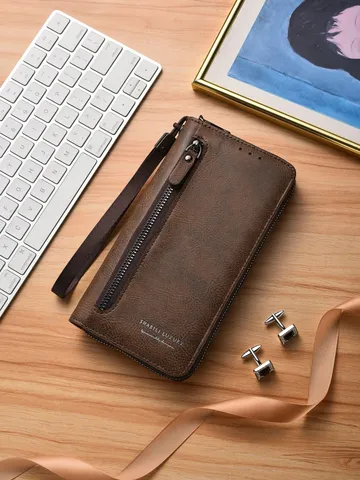 Portafoglio Lungo da Uomo in Pelle PU Pochette con Cerniera Grande Capacità Multi Scomparti per Carte Borsa Casual d'Affari