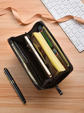 Portafoglio Lungo da Uomo in Pelle PU Cerniera Grande Capacità Pochette Tasche Multiple per Carte Borsetta Casual da Lavoro Cinturino da Polso