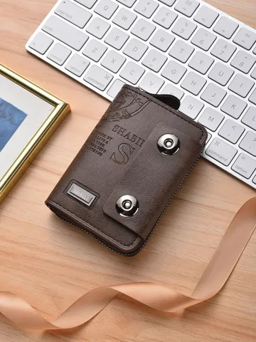 Portafoglio Corto in Pelle PU Vintage da Uomo Business Bifold Portacarte Doppia Fibbia Magnetica Cerniera Tasca Portamonete