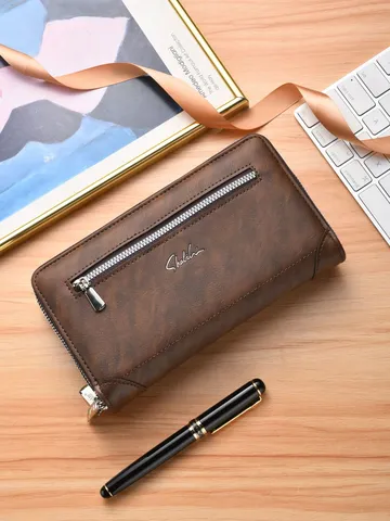 Portafoglio Lungo in Pelle PU Retro da Uomo Doppia Cerniera Grande Capacità Pochette Borsa Casual Affari Tinta Unita