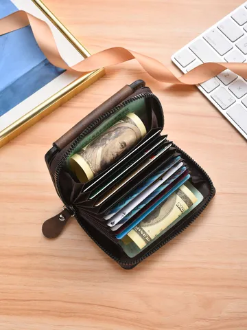 Portafoglio Corto in Pelle PU da Uomo Porta Carte Bifold Portafoglio a Fisarmonica Tinta Unita Business Casual