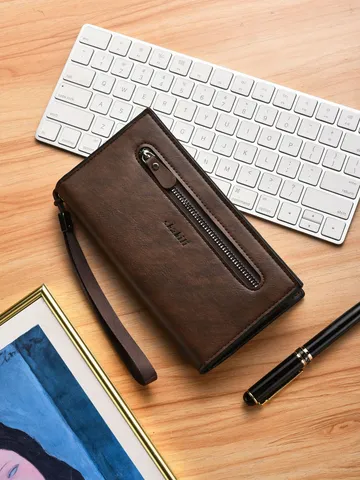 Portafoglio Lungo da Uomo Retro in Pelle PU Pochette Singola Cerniera Fessure Multiple per Carte Grande Capacità Affari