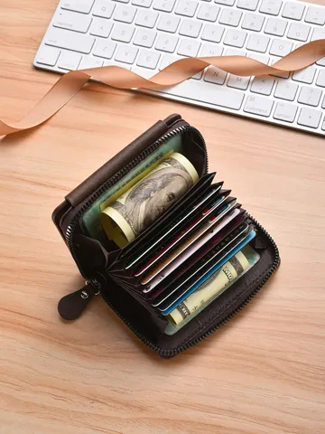 Portafoglio Corto in Pelle PU Vintage da Uomo Business Bifold Portacarte Doppia Fibbia Magnetica Cerniera Tasca Portamonete