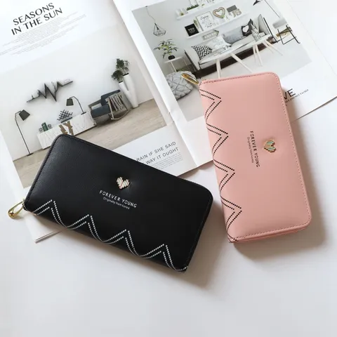 Portafoglio Lungo da Donna in Pelle PU con Chiusura Lampo Clutch Grande Capacità Porta Carte Moda Tinta Unita con Decorazione a Cuore in Metallo