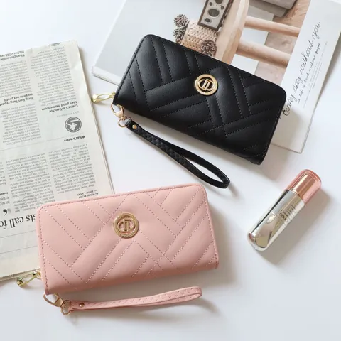 Portafoglio Lungo da Donna in Pelle PU Trapuntata con Cerniera Pochette Grande Capacità Borsa per Telefono Cellulare Design Classico Retro