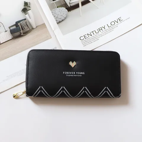 Portafoglio Lungo da Donna in Pelle PU con Chiusura Lampo Clutch Grande Capacità Porta Carte Moda Tinta Unita con Decorazione a Cuore in Metallo