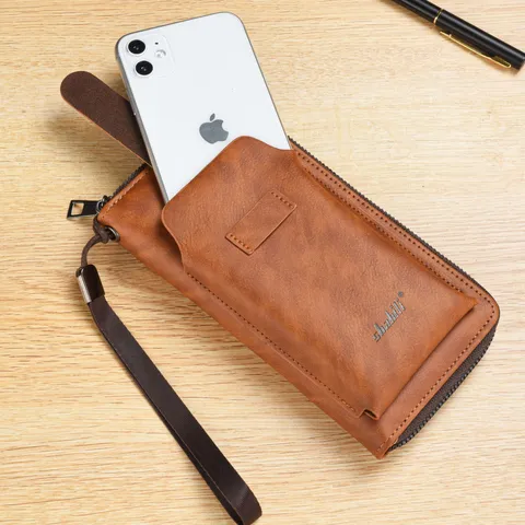 Portafoglio Lungo da Uomo in Pelle PU con Zip Grande Capacità Borsa da Lavoro Casual con Cinturino da Polso