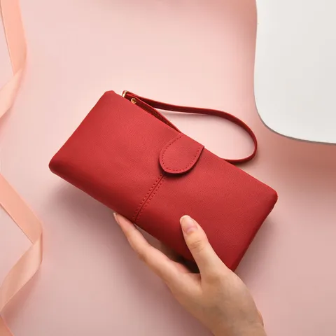 Portafoglio Lungo da Donna in Pelle PU Pochette Moda Casual Tinta Unita Fessure Multi-Carta Cerniera Polsino Borsa