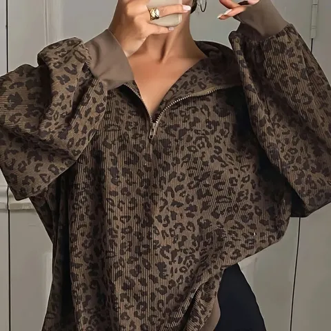 Dames Vintage Luipaardprint Corduroy Jas Staande Kraag Los Sweatshirt met Rits Casual Honkbaluniform Herfst Top