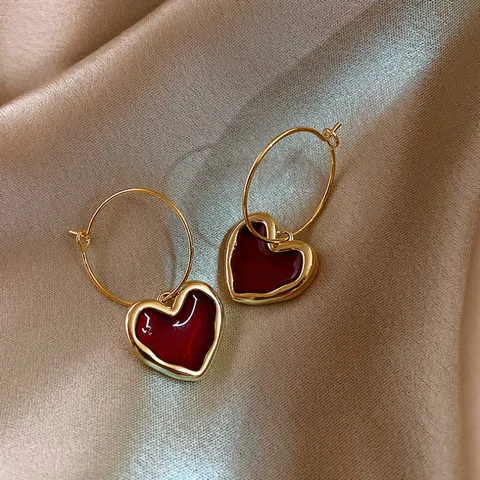 Orecchini Pendenti a Cuore Rosso Vino in Lega di Zinco Minimalisti in Stile Coreano Eleganti Gioielli da Orecchio a Cerchio Geometrico Oro per Capodanno Donna