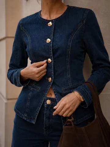 Damen Denim Outfit Set Lässig Rundhals Langarm Kurze Jacke Und Weite Hose Metallknöpfe Streetwear