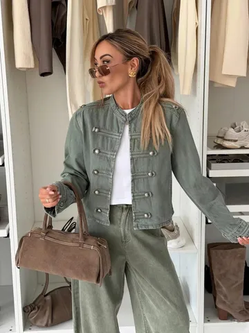 Women's Casual Cotton Blend Denim Jacket Autumn Winter Long Sleeve Stand Collar Metal Buttons Loose Outerwear