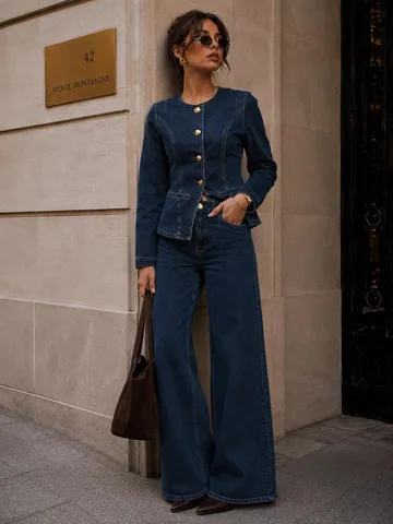 Damen Denim Outfit Set Lässig Rundhals Langarm Kurze Jacke Und Weite Hose Metallknöpfe Streetwear