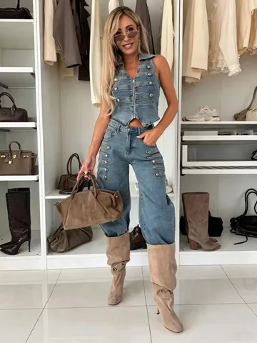 Women Casual Denim Vest And Trousers Set Sleeveless Metal Button Streetwear Suit
