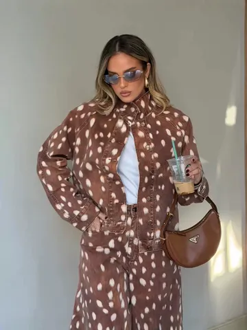Ensemble Veste et Pantalon en Denim à Manches Longues Imprimé Faon Coupe Ample pour Femmes