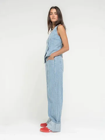 Ensemble Gilet et Pantalon Rayé Décontracté pour Femmes Automne Streetwear Haut Sans Manches Ample et Pantalon Long Droit