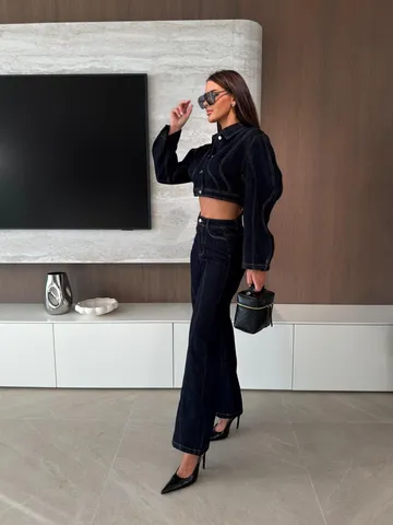Women Casual Denim Top And Bottom Contrast Stitching Long Sleeve Short Jacket Wide Leg Pants Outfit