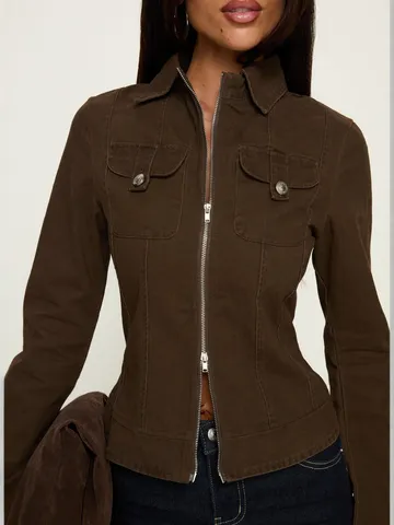 Femme Casual Mélange de Coton Coupe Slim Revers Fermeture Éclair Veste Cargo Courte Couleur Unie Manches Longues Mode Vêtement d'Extérieur