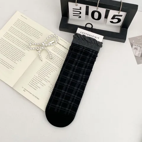 Ιαπωνικού Στυλ Κάλτσες Μεσαίας Γάμπας Houndstooth Γυναικείες Βαμβακερές Λεπτές Χαριτωμένες Μακριές Κάλτσες Με Μαύρη Δαντέλα Μόδα Casual