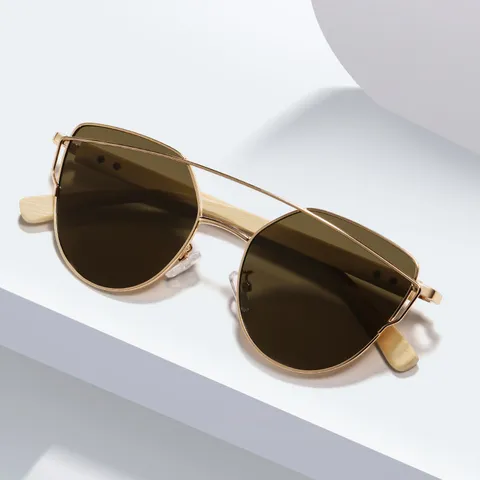 Moda Donna Uomo Occhiali da Sole Cat Eye Montatura in Metallo Stanghette in Bambù Protezione UV400 Occhiali alla Moda