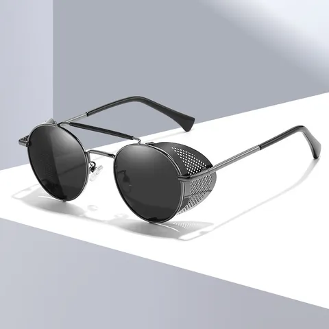 Occhiali da Sole Retro Punk in Metallo con Montatura Tonda e Schermo Traforato Laterale Protezione UV400 per Uomo Donna