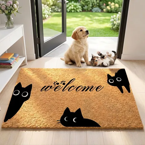 Tapete de Bienvenida de Imitación de Coco de Dibujos Animados Antideslizante Resistente a la Suciedad Raspado Felpudo de Entrada Estampado de Gato Negro Lindo Rectangular Decoración del Hogar