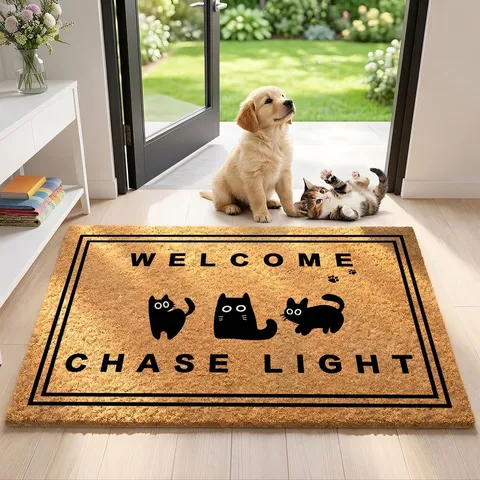 Tapete de Bienvenida de Imitación de Coco de Dibujos Animados Antideslizante Resistente a la Suciedad Raspado Felpudo de Entrada Estampado de Gato Negro Lindo Rectangular Decoración del Hogar