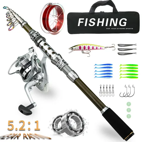Combo de Caña de Pesca Telescópica Portátil y Carrete de Fibra de Carbono Kit Completo con Señuelos Accesorios