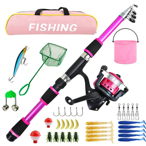 Set de Caña de Pescar y Carrete Telescópico Rosa Kit Completo de Viaje con Cubo para Niños y Principiantes Pesca