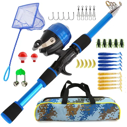 Kids Fishing Rod Set Telescopic Fishing Pole With Closed Fishing Reel Tackle Box Net Floats Lures Outdoor Sports Equipment