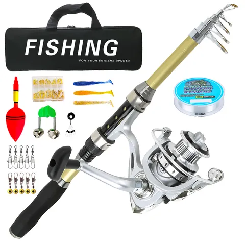 Juego Combo de Caña de Pesca Telescópica y Carrete con Bolsa de Transporte Kit Completo de Equipos de Pesca en Mar