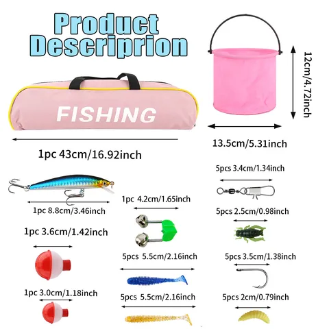 Set de Caña de Pescar y Carrete Telescópico Rosa Kit Completo de Viaje con Cubo para Niños y Principiantes Pesca