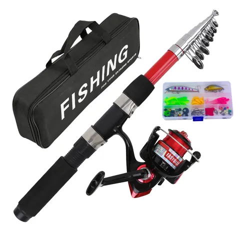 Kit Completo de Caña de Pesca de Mar y Carrete Poste Telescópico de Carbono Con Cebos Artificiales y Bolsa