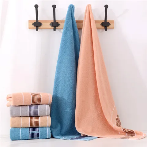 Pure Cotton Bath Towel Thickened Soft Highly Absorbent Solid Color Striped Home Bathroom Hotel Beach Towel