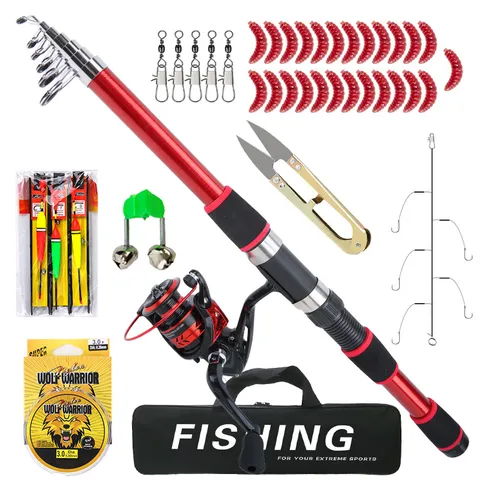Red Telescopic Fishing Rod Set With Spinning Reel Fishing Bag Baits Lines Floats Portable Sea Fishing Tackle Kit