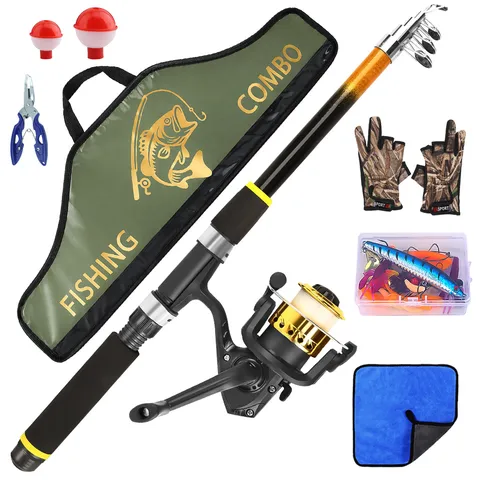 Set de Caña de Pescar Telescópica Carrete Señuelo Bolsa Equipo de Pesca al Aire Libre Completo Con Guantes Y Pinzas